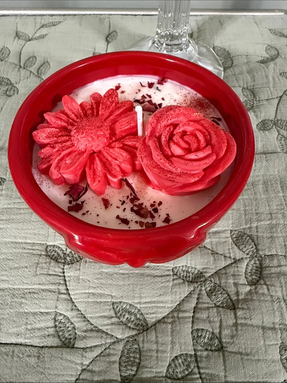 Red Floral Bowl Candle - Decorative Rose & Blossom Accent